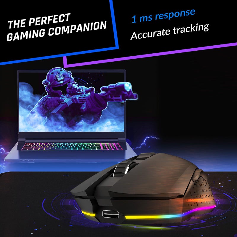 KLIM ماوس الألعاب اللاسلكي القابل لإعادة الشحن KLIM Blaze مع مستشعر دقيق وبطارية طويلة الأمد - 7 أزرار قابلة للتخصيص - حتى 6000 DPI - ماوس سلكي ولاسلكي لجهاز الكمبيوتر وماك وPS4 وPS5 - أسود - Image 3